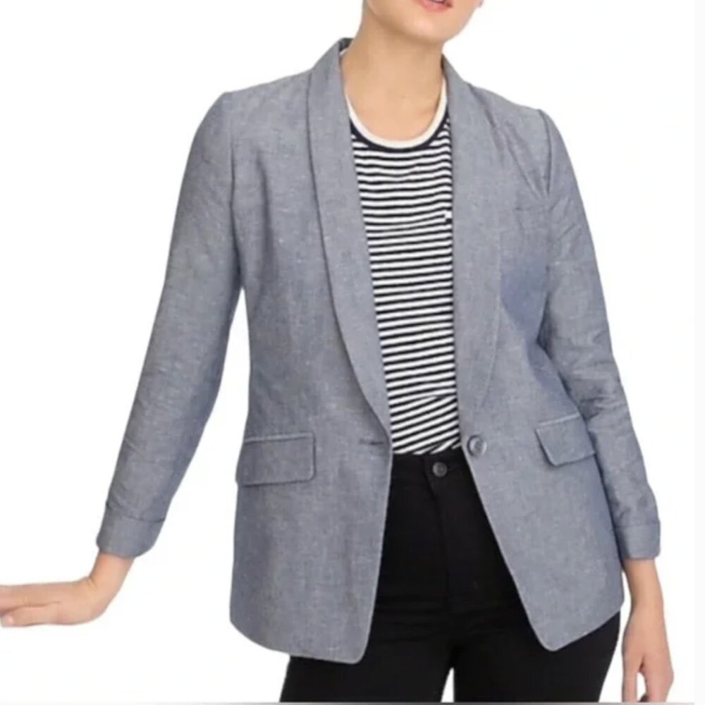 J. Crew Women Unstructured Shawl Collar one button Blazer Blue Gray Cotton Linen